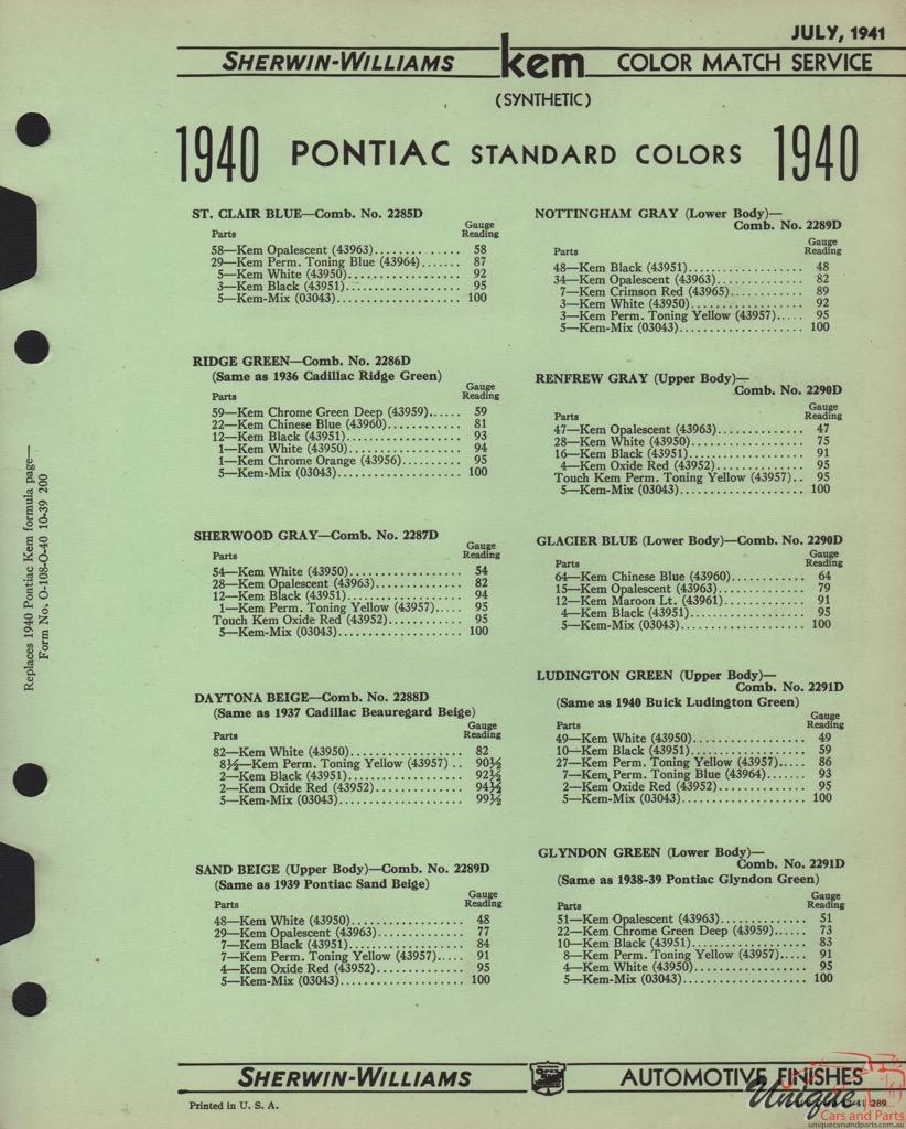 1940 Pontiac Paint Charts Williams 3